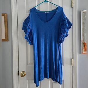 Eyeshadow Royal Blue Cotton Dress with Lace Eyelet Sleeves 1X